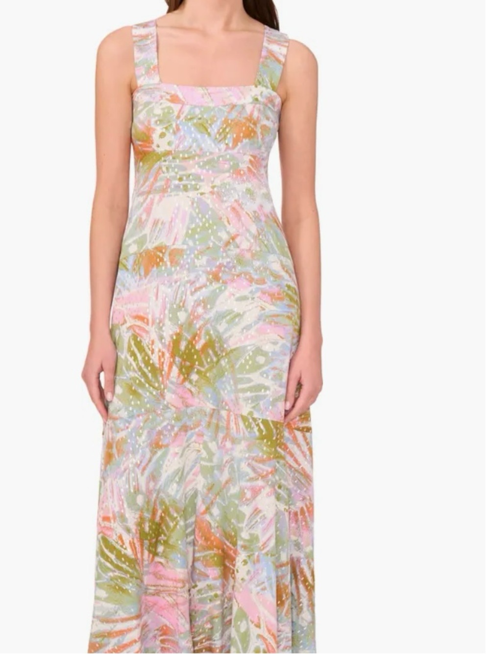 Halogen Pastel Watercolor Smocked Neck Dress in Green & Coral